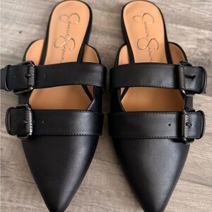 Jessica Simpson Black Pointed Double-Buckle Mules